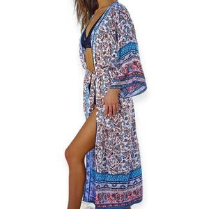 Boho Blue Floral Long Kimono Robe Beach Cover Ups  NEW